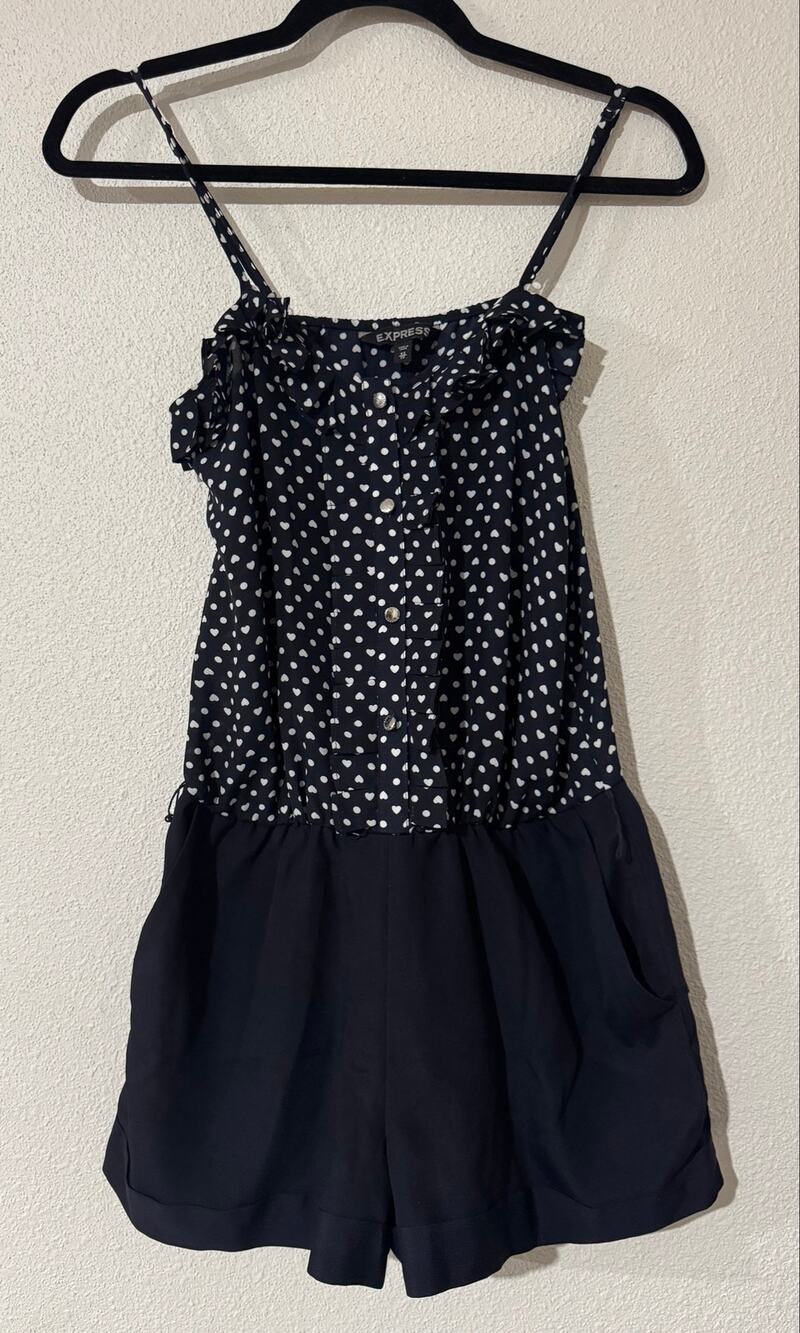 Express Navy Blue Heart Print Ruffled Spaghetti Strap Romper Size XS Preppy Chic
